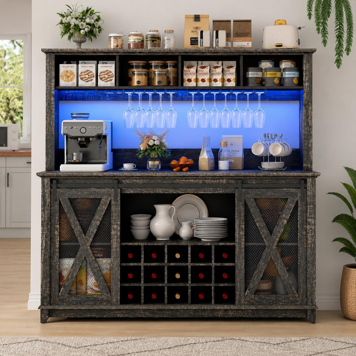 63" Farmhouse Coffee Bar Cabinet with LED Lights & Sliding Barn Doors