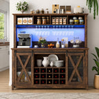 63" Farmhouse Coffee Bar Cabinet with LED Lights & Sliding Barn Doors