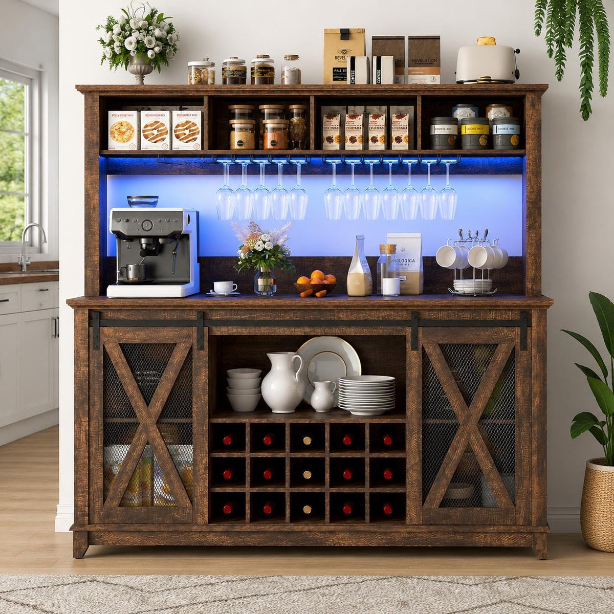63" Farmhouse Coffee Bar Cabinet with LED Lights & Sliding Barn Doors
