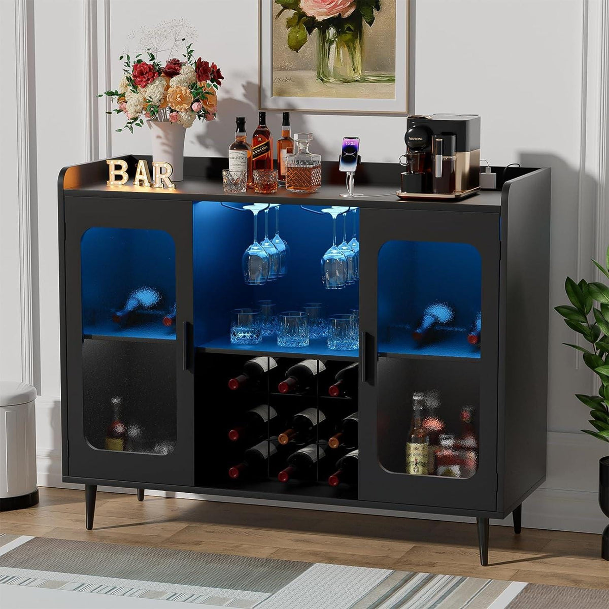 Modern Wine Bar Cabinet with LED Lights & Charging Station – Black Storage Console