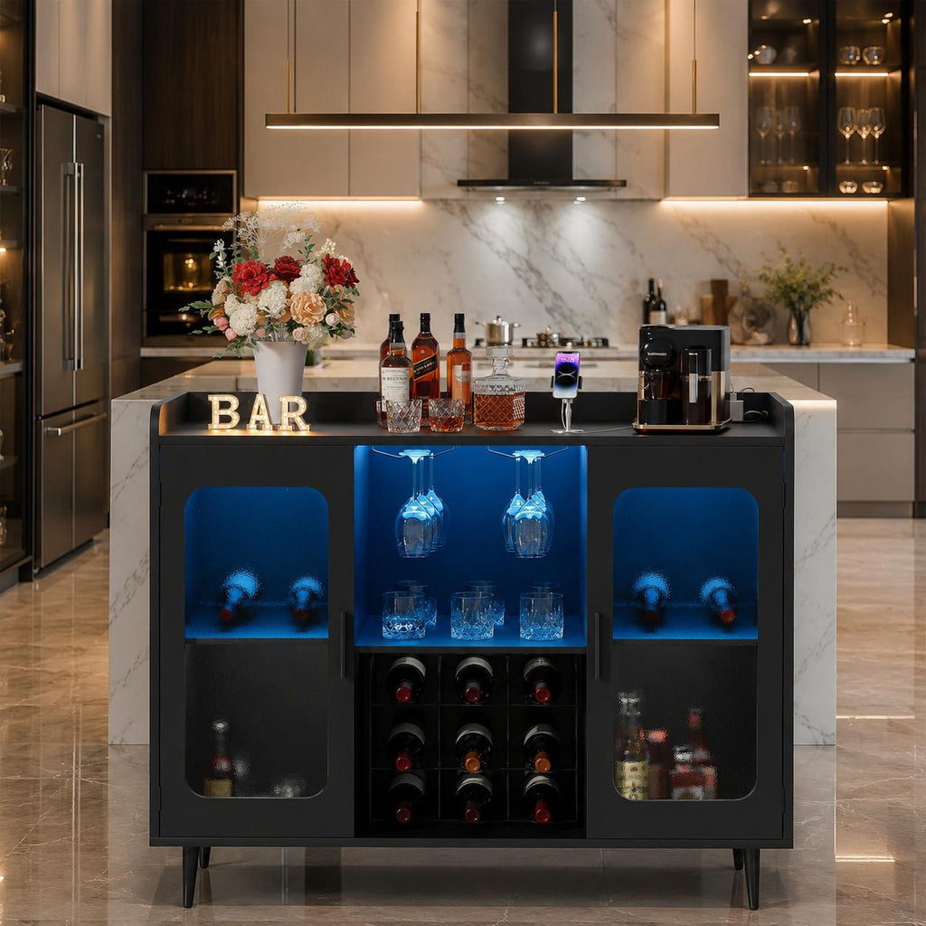 Modern Wine Bar Cabinet with LED Lights & Charging Station – Black Storage Console