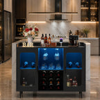 Modern Wine Bar Cabinet with LED Lights & Charging Station – Black Storage Console