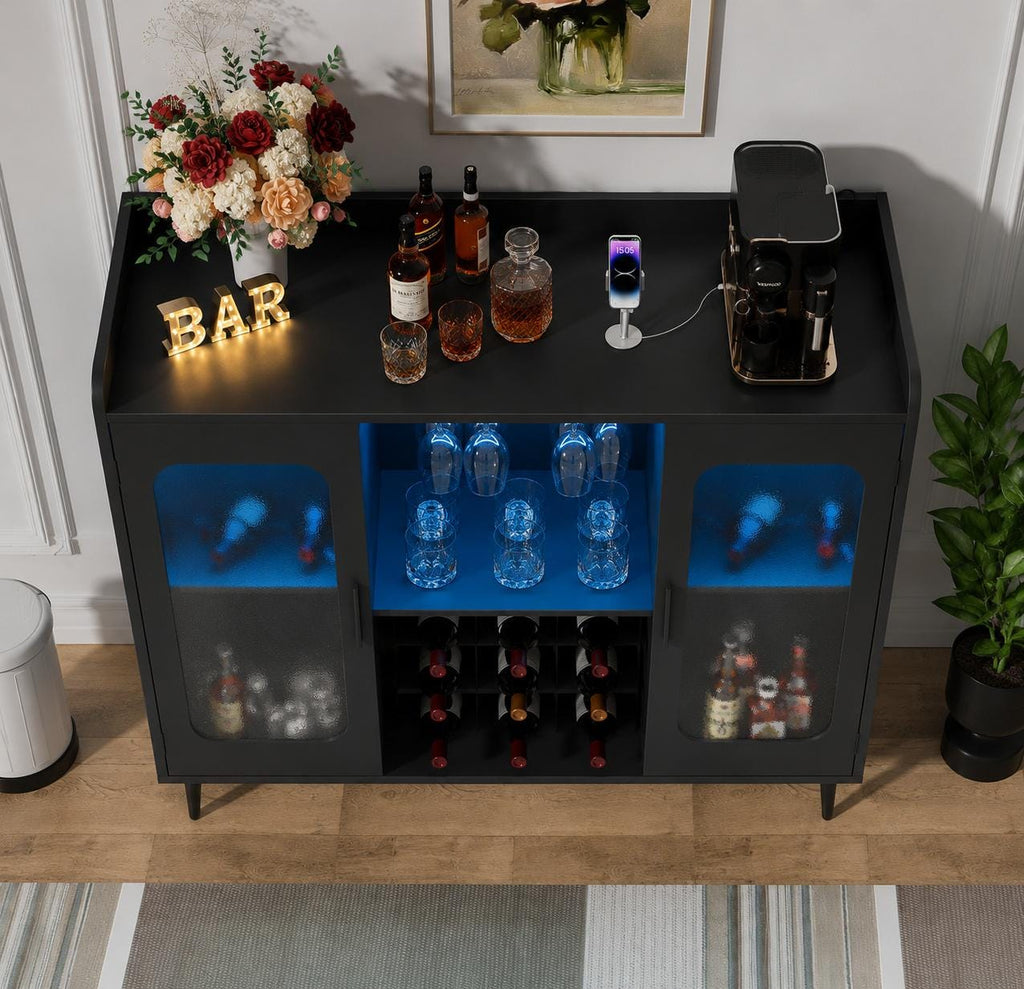 Modern Wine Bar Cabinet with LED Lights & Charging Station – Black Storage Console
