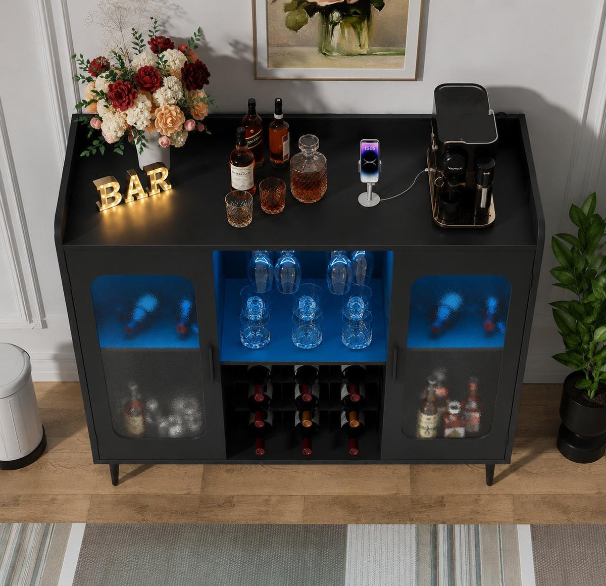 Modern Wine Bar Cabinet with LED Lights & Charging Station – Black Storage Console