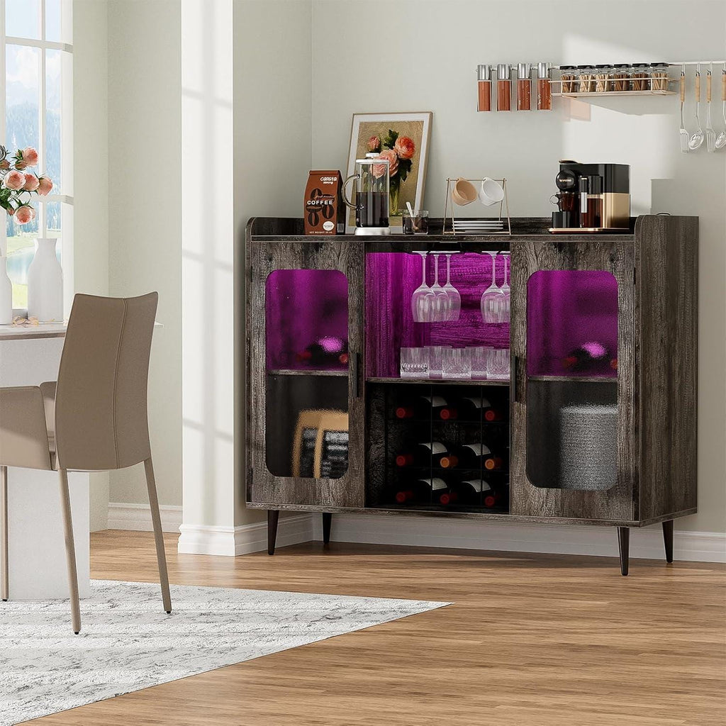 Modern Wine Bar Cabinet with LED Lights & Charging Station – Black Storage Console