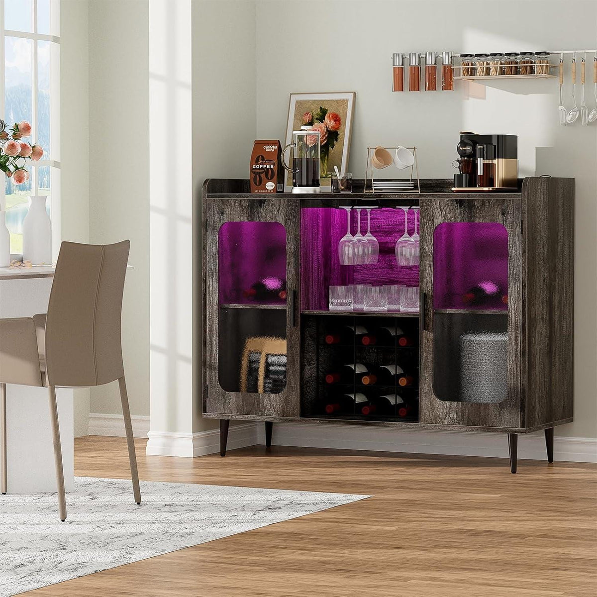 Modern Wine Bar Cabinet with LED Lights & Charging Station – Black Storage Console