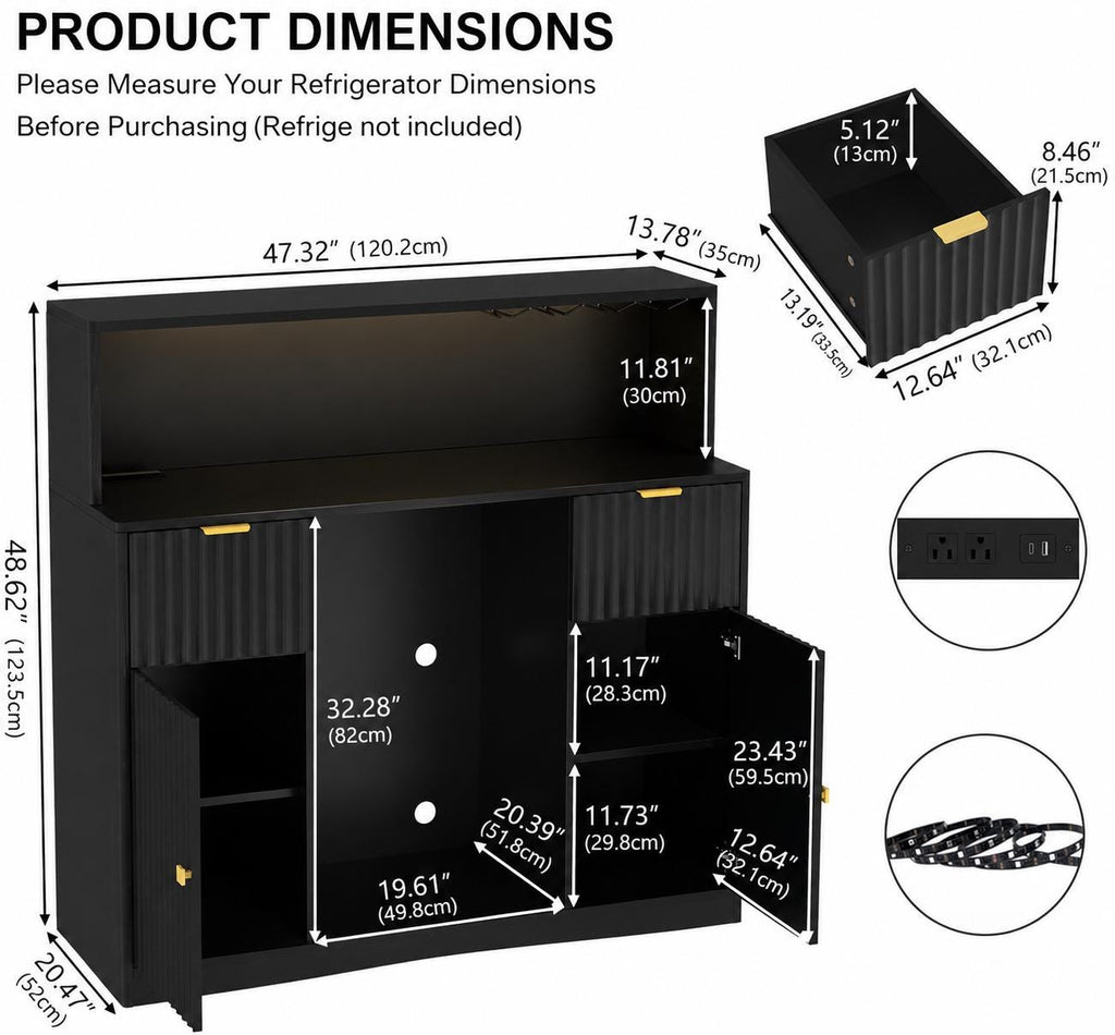 Modern Fluted Wine Cabinet with Fridge Space, LED, Charging Station, Black Coffee Bar