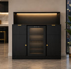 Modern Fluted Wine Cabinet with Fridge Space, LED, Charging Station, Black Coffee Bar