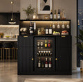 Modern Fluted Wine Cabinet with Fridge Space, LED, Charging Station, Black Coffee Bar