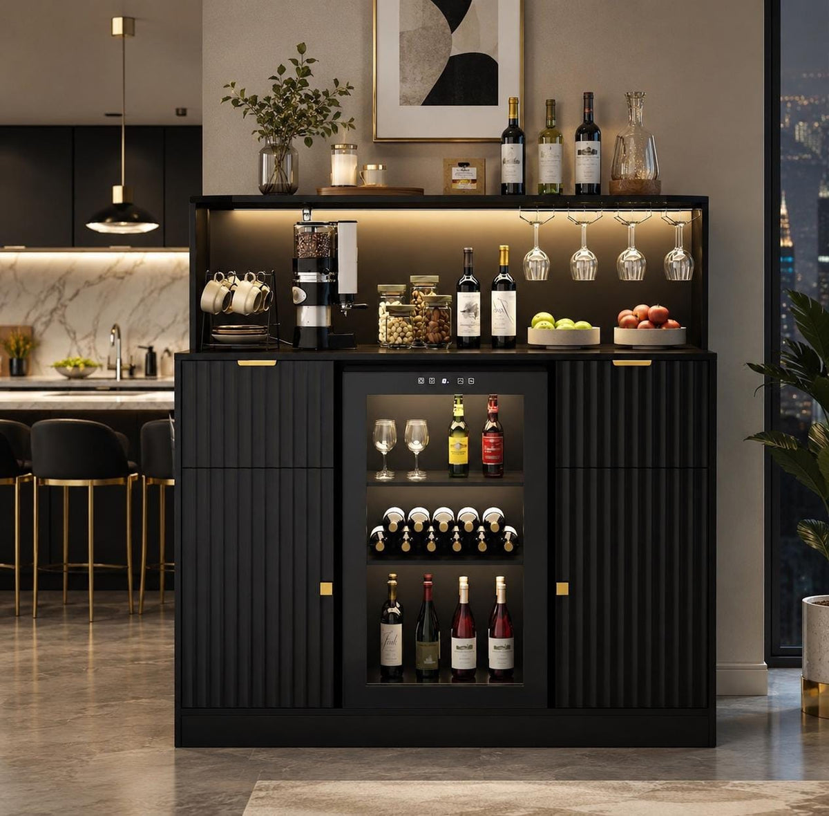 Modern Fluted Wine Cabinet with Fridge Space, LED, Charging Station, Black Coffee Bar
