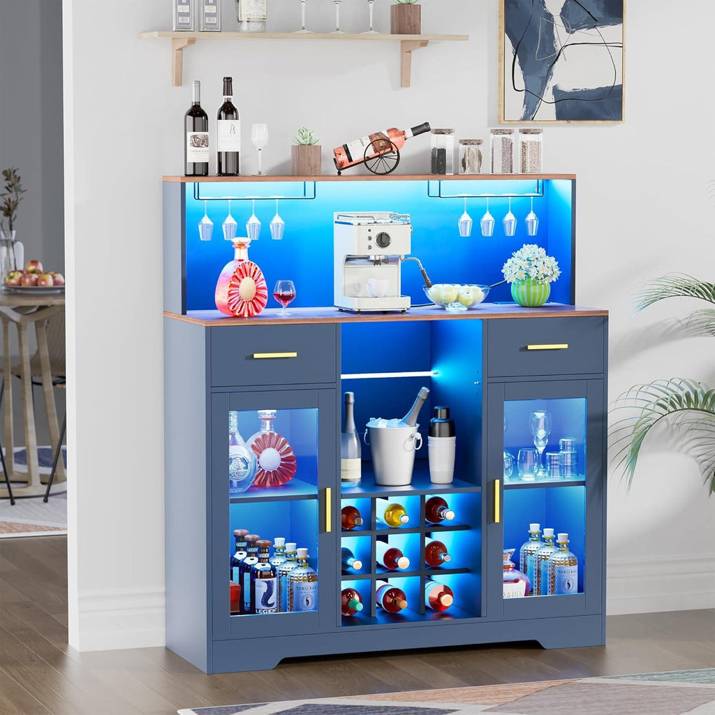 Modern Coffee Bar Cabinet with Mini Fridge Space, LED Wine Bar Storage Drawers