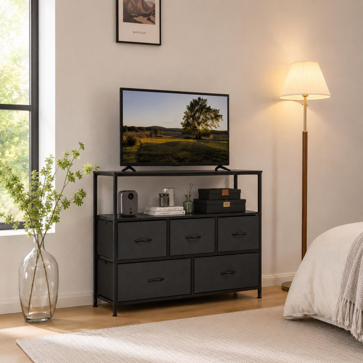 TV Stand Dresser with 5 Fabric Drawers – Modern Storage Console for Bedroom & Living Room