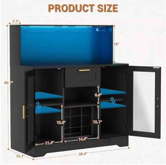 Modern Rustic LED Bar Cabinet with Power Outlets, Wine Rack & Glass Holder