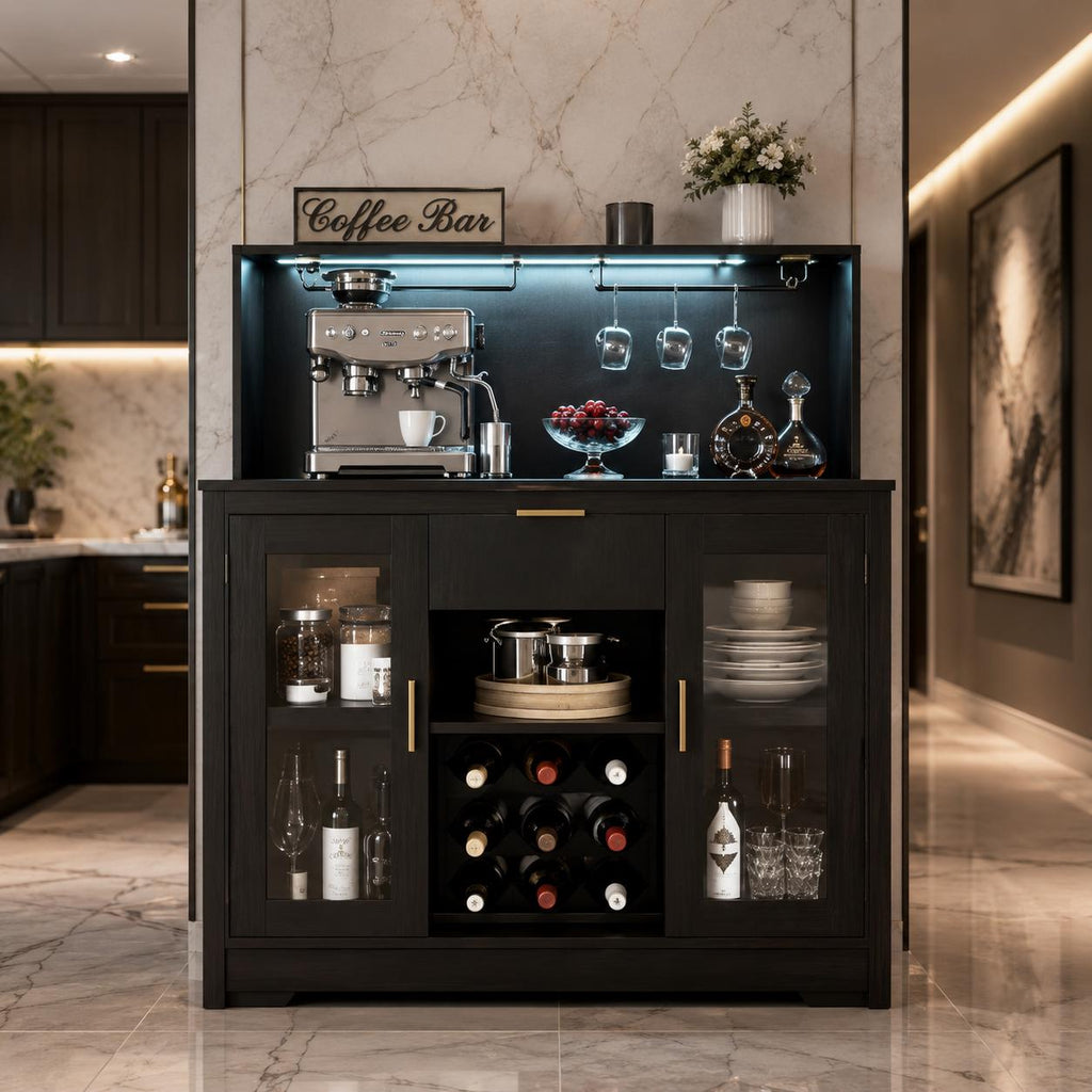 Modern Rustic LED Bar Cabinet with Power Outlets, Wine Rack & Glass Holder
