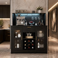 Modern Rustic LED Bar Cabinet with Power Outlets, Wine Rack & Glass Holder