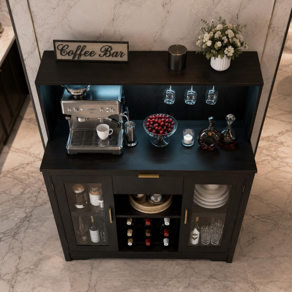 Modern Rustic LED Bar Cabinet with Power Outlets, Wine Rack & Glass Holder