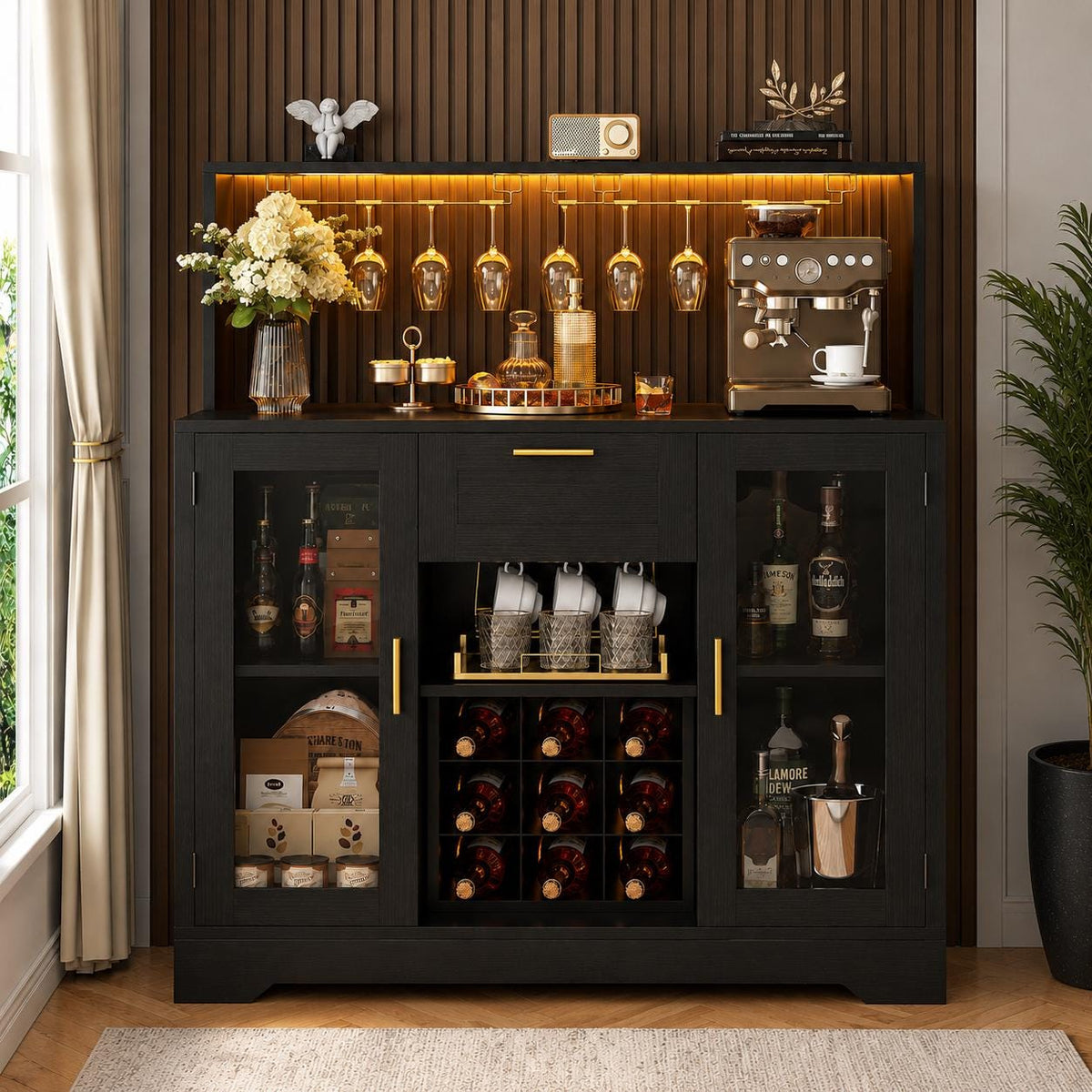 Modern Black Bar Cabinet with LED Lights, Wine Rack, Glass Holder, Storage Sideboard