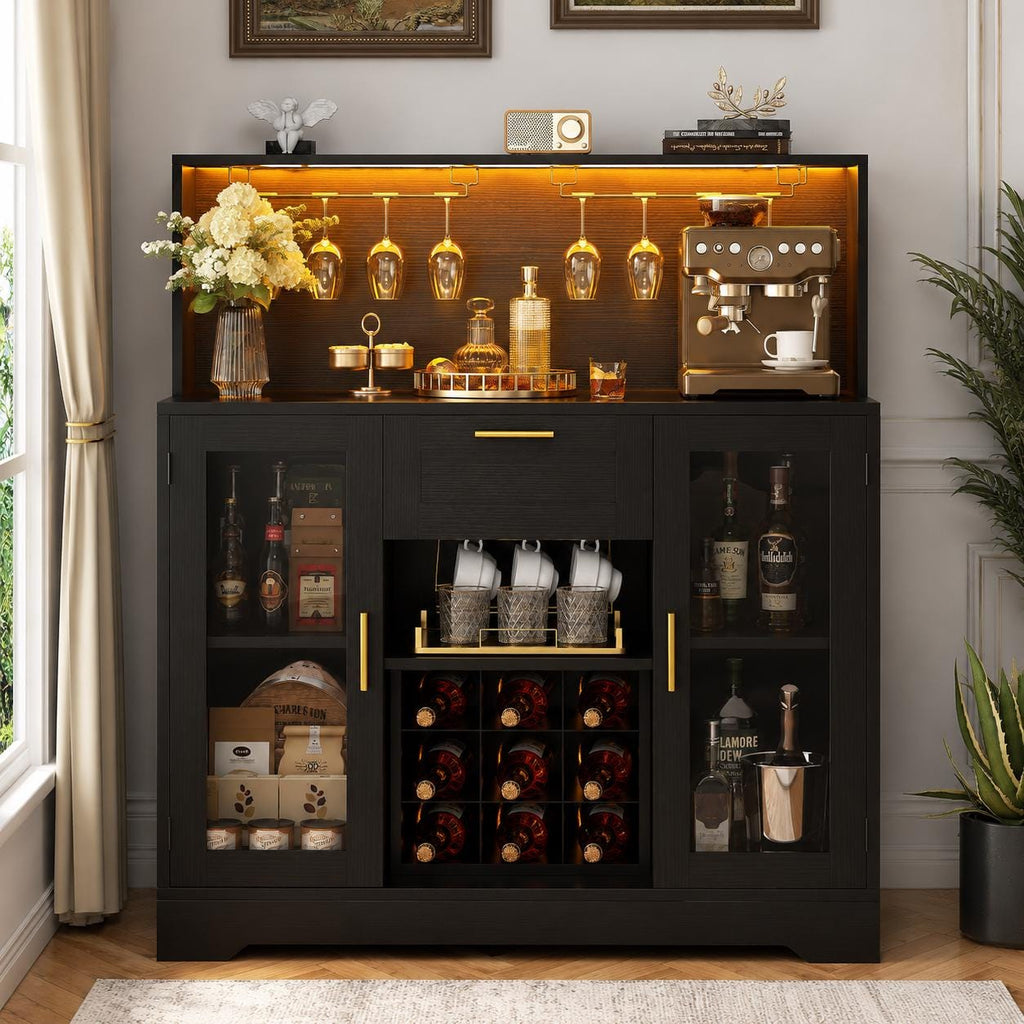 Modern Black Bar Cabinet with LED Lights, Wine Rack, Glass Holder, Storage Sideboard
