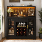 Modern Black Bar Cabinet with LED Lights, Wine Rack, Glass Holder, Storage Sideboard