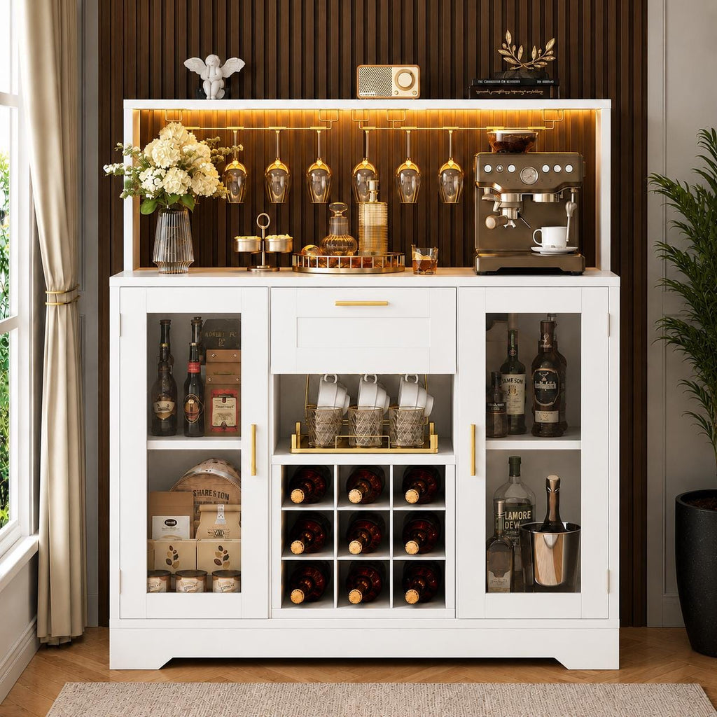Modern Black Bar Cabinet with LED Lights, Wine Rack, Glass Holder, Storage Sideboard