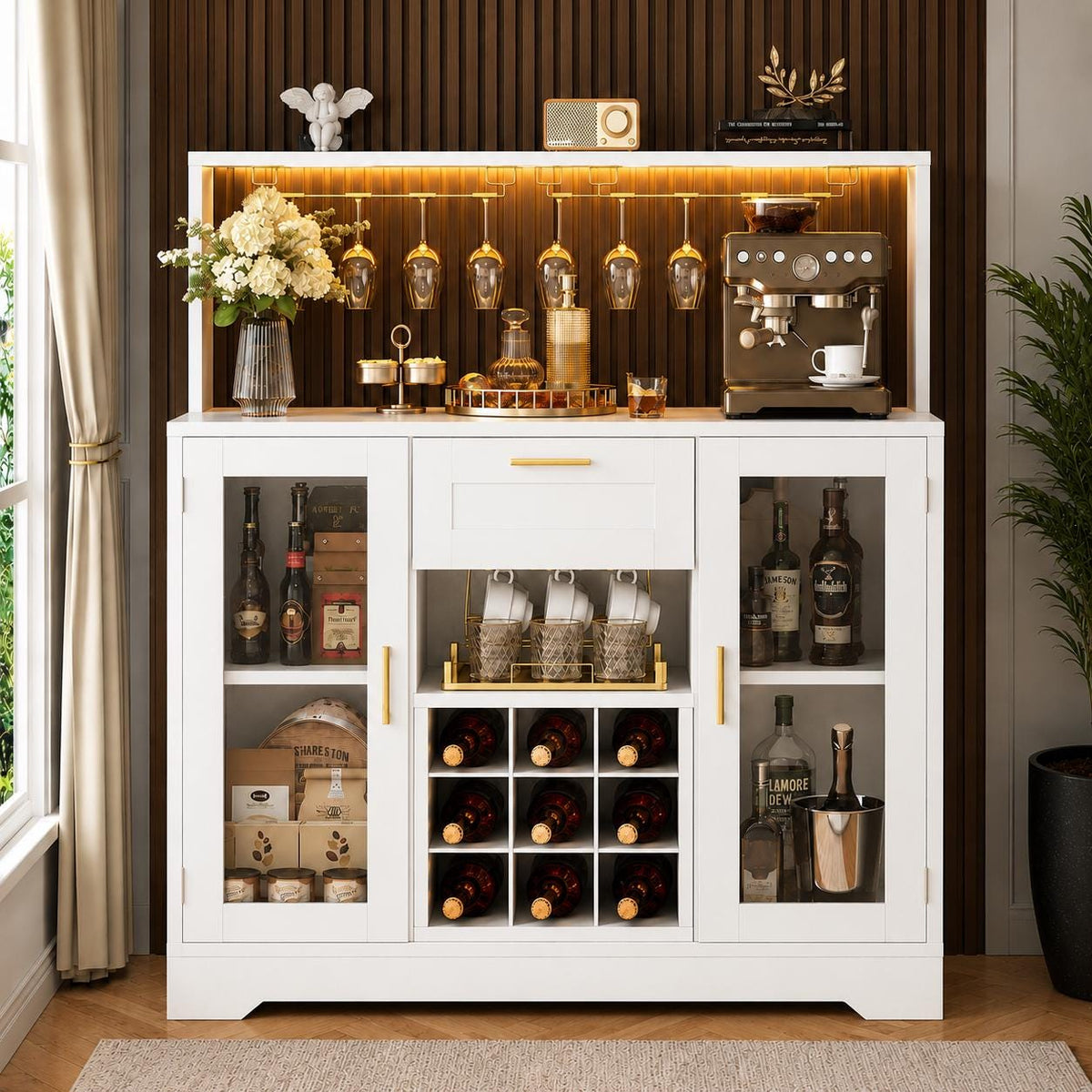 Modern Black Bar Cabinet with LED Lights, Wine Rack, Glass Holder, Storage Sideboard