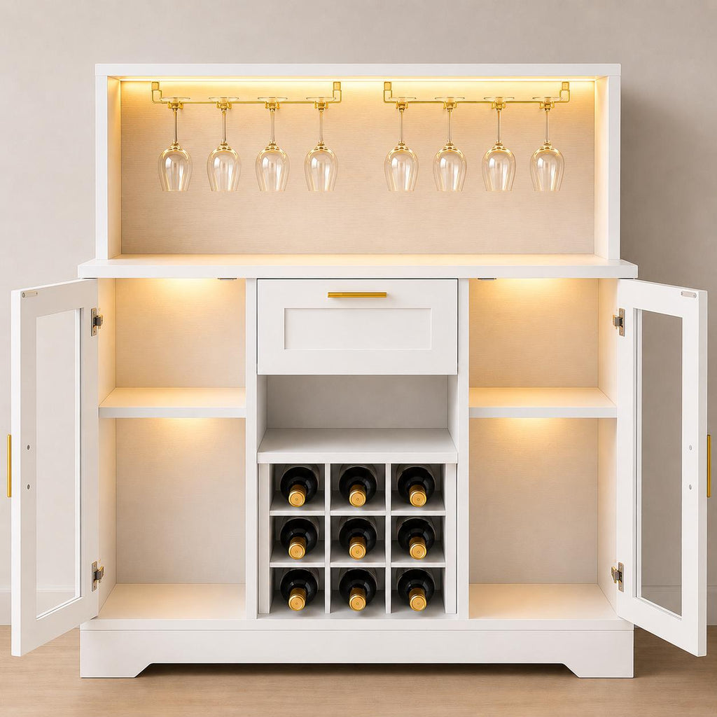Modern Black Bar Cabinet with LED Lights, Wine Rack, Glass Holder, Storage Sideboard