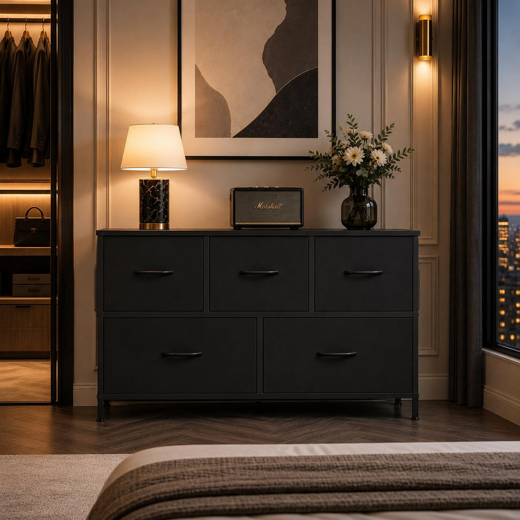 Rustic 5-Drawer Fabric Dresser, Farmhouse Storage Cabinet with Wooden Top