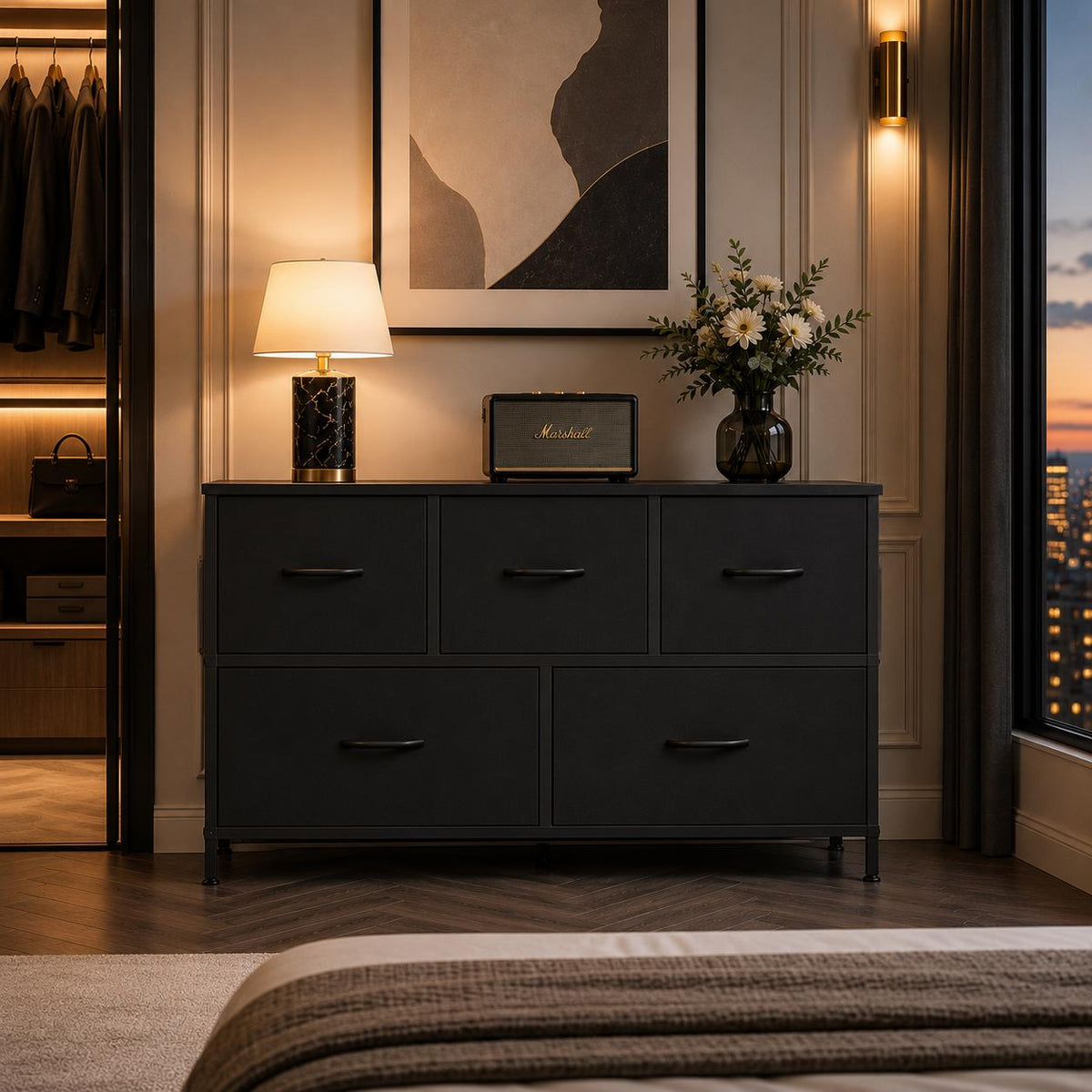 Rustic 5-Drawer Fabric Dresser, Farmhouse Storage Cabinet with Wooden Top