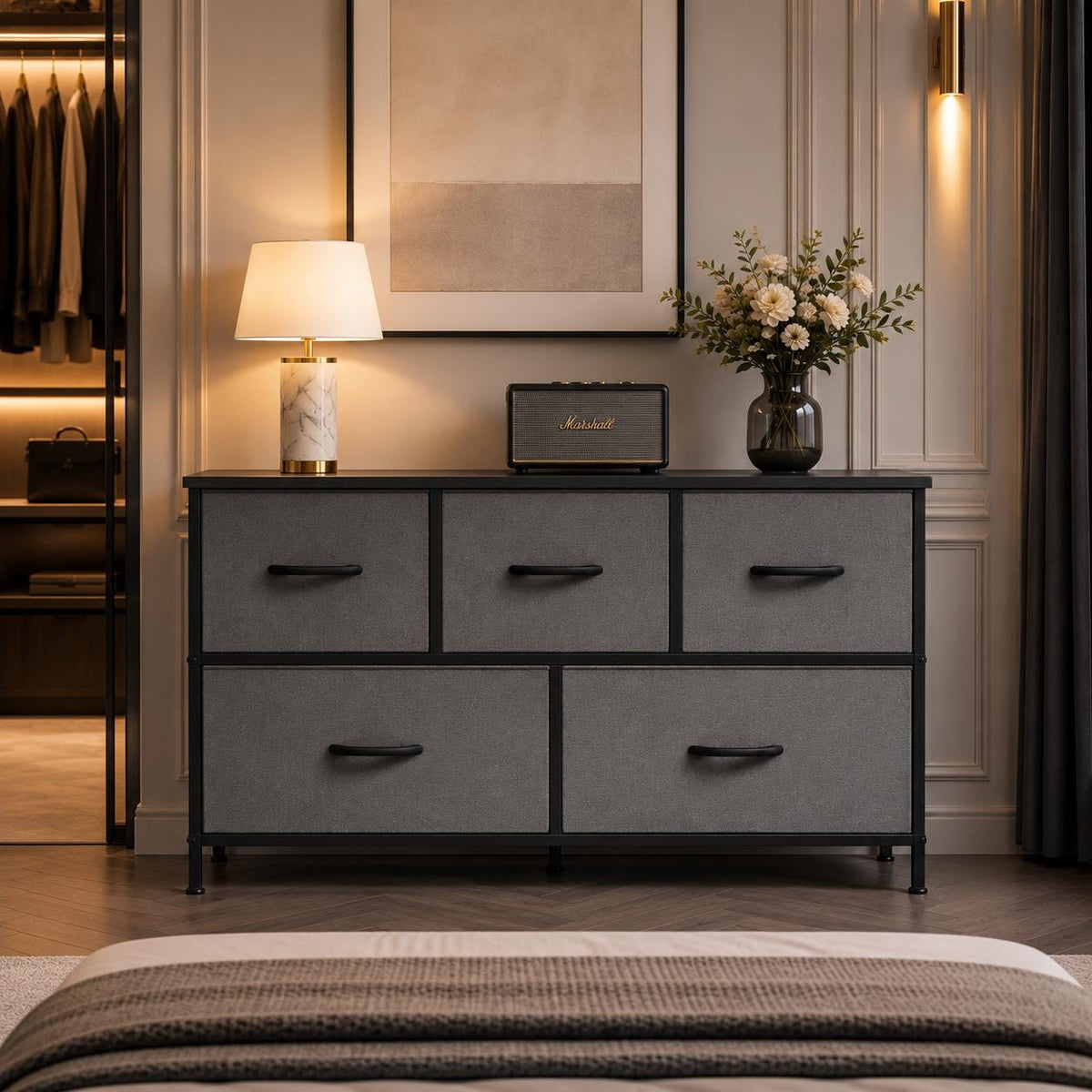 Rustic 5-Drawer Fabric Dresser, Farmhouse Storage Cabinet with Wooden Top