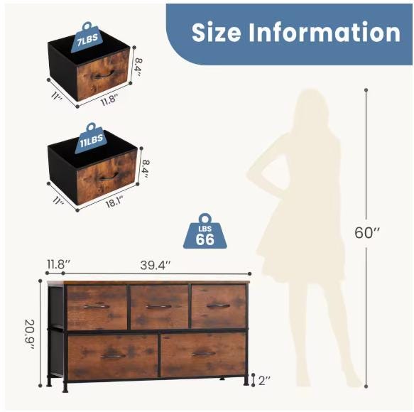 Rustic 5-Drawer Fabric Dresser, Farmhouse Storage Cabinet with Wooden Top