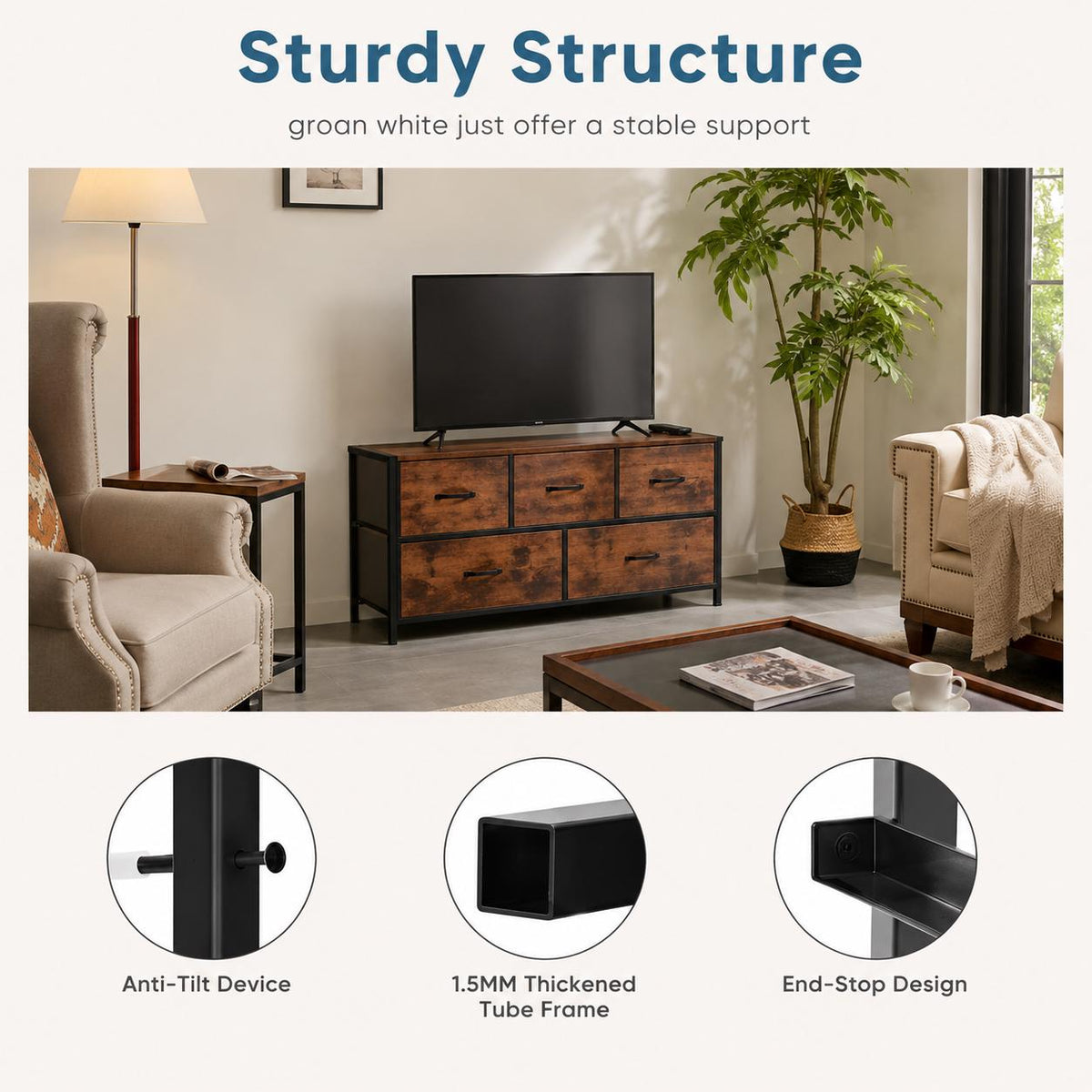 Rustic 5-Drawer Fabric Dresser, Farmhouse Storage Cabinet with Wooden Top