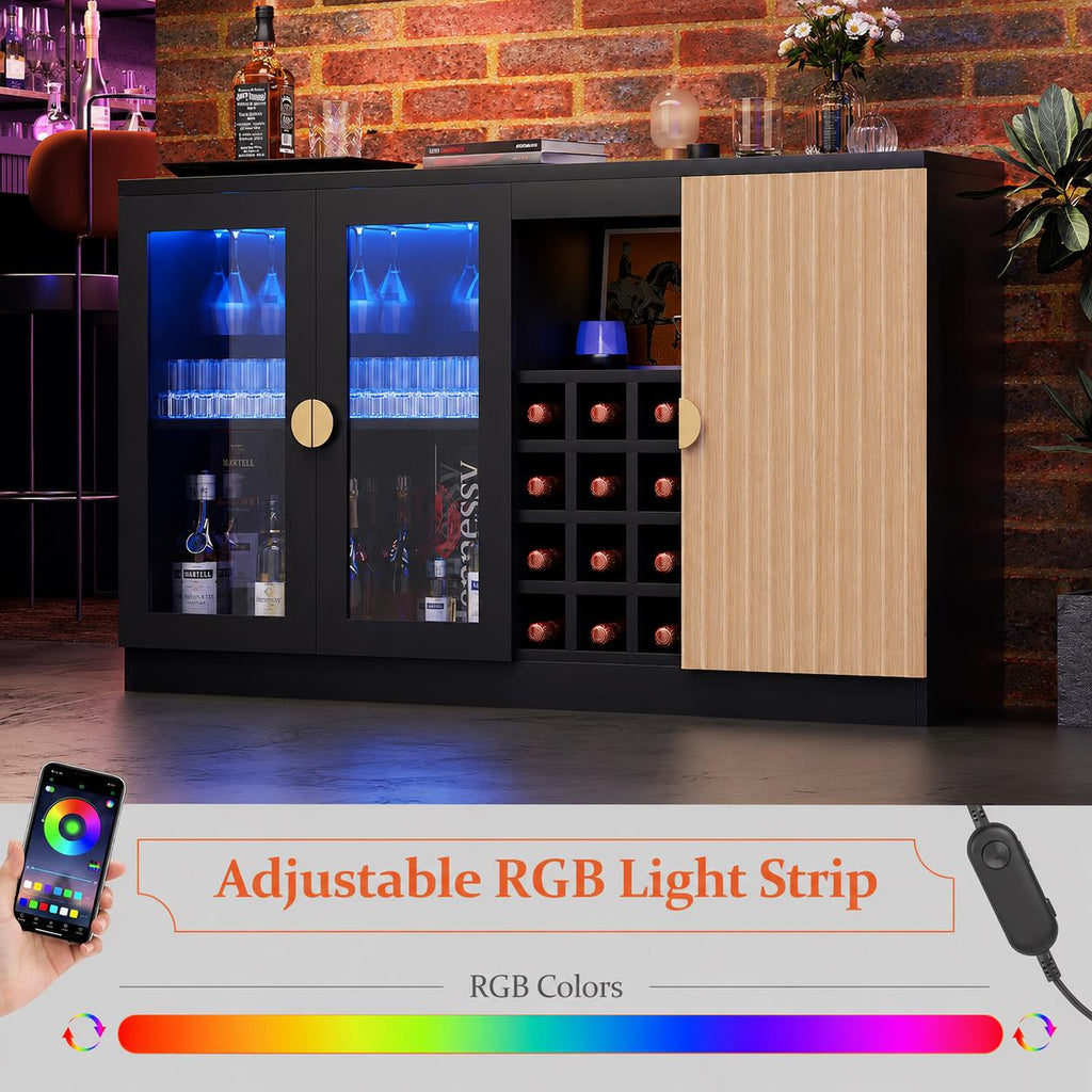 Modern LED Wine Bar Cabinet with Glass Doors & Storage