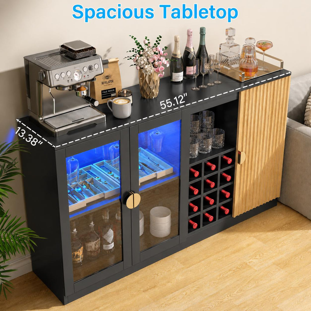 Modern LED Wine Bar Cabinet with Glass Doors & Storage