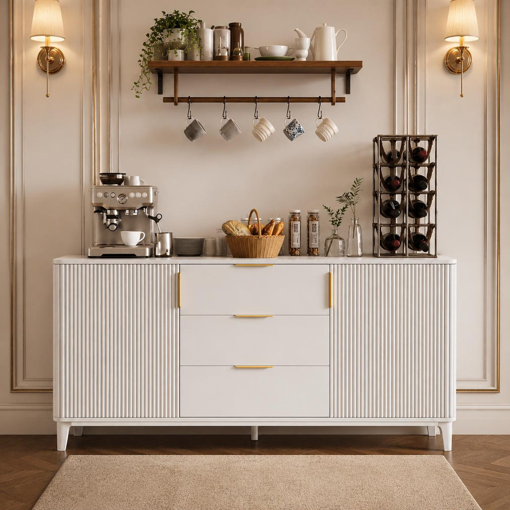 Modern Fluted Sideboard Cabinet, Mid-Century Wood Storage Buffet