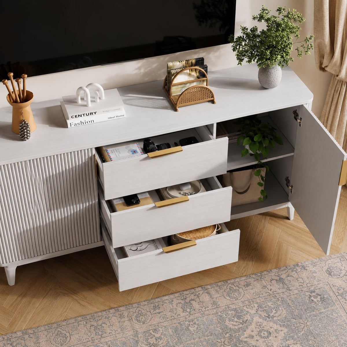 Modern Fluted Sideboard Cabinet, Mid-Century Wood Storage Buffet