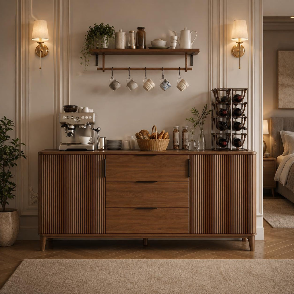 Modern Fluted Sideboard Cabinet, Mid-Century Wood Storage Buffet