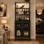 Farmhouse Coffee Bar Cabinet, RGB LED Lights, Built-In Charging Station, Glass Doors