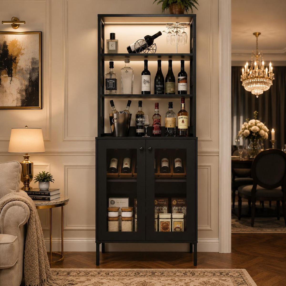 Farmhouse Coffee Bar Cabinet, RGB LED Lights, Built-In Charging Station, Glass Doors