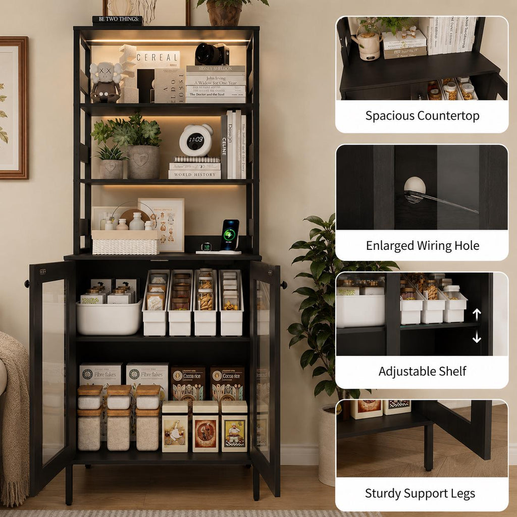 Farmhouse Coffee Bar Cabinet, RGB LED Lights, Built-In Charging Station, Glass Doors