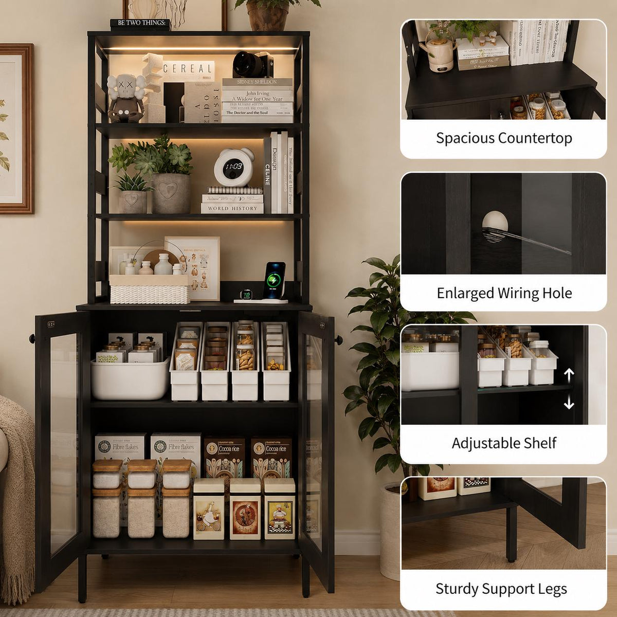 Farmhouse Coffee Bar Cabinet, RGB LED Lights, Built-In Charging Station, Glass Doors