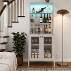 Farmhouse Coffee Bar Cabinet, RGB LED Lights, Built-In Charging Station, Glass Doors