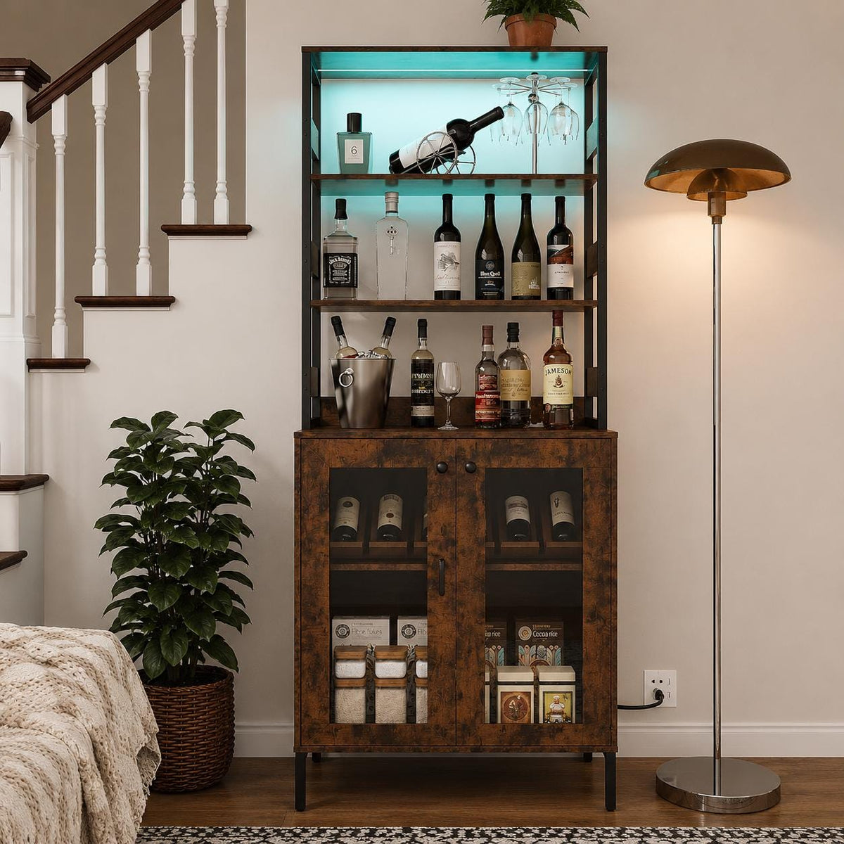 Farmhouse Coffee Bar Cabinet, RGB LED Lights, Built-In Charging Station, Glass Doors
