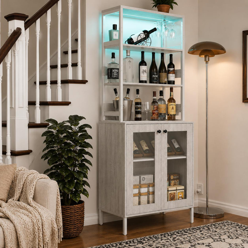 Farmhouse Coffee Bar Cabinet, RGB LED Lights, Built-In Charging Station, Glass Doors