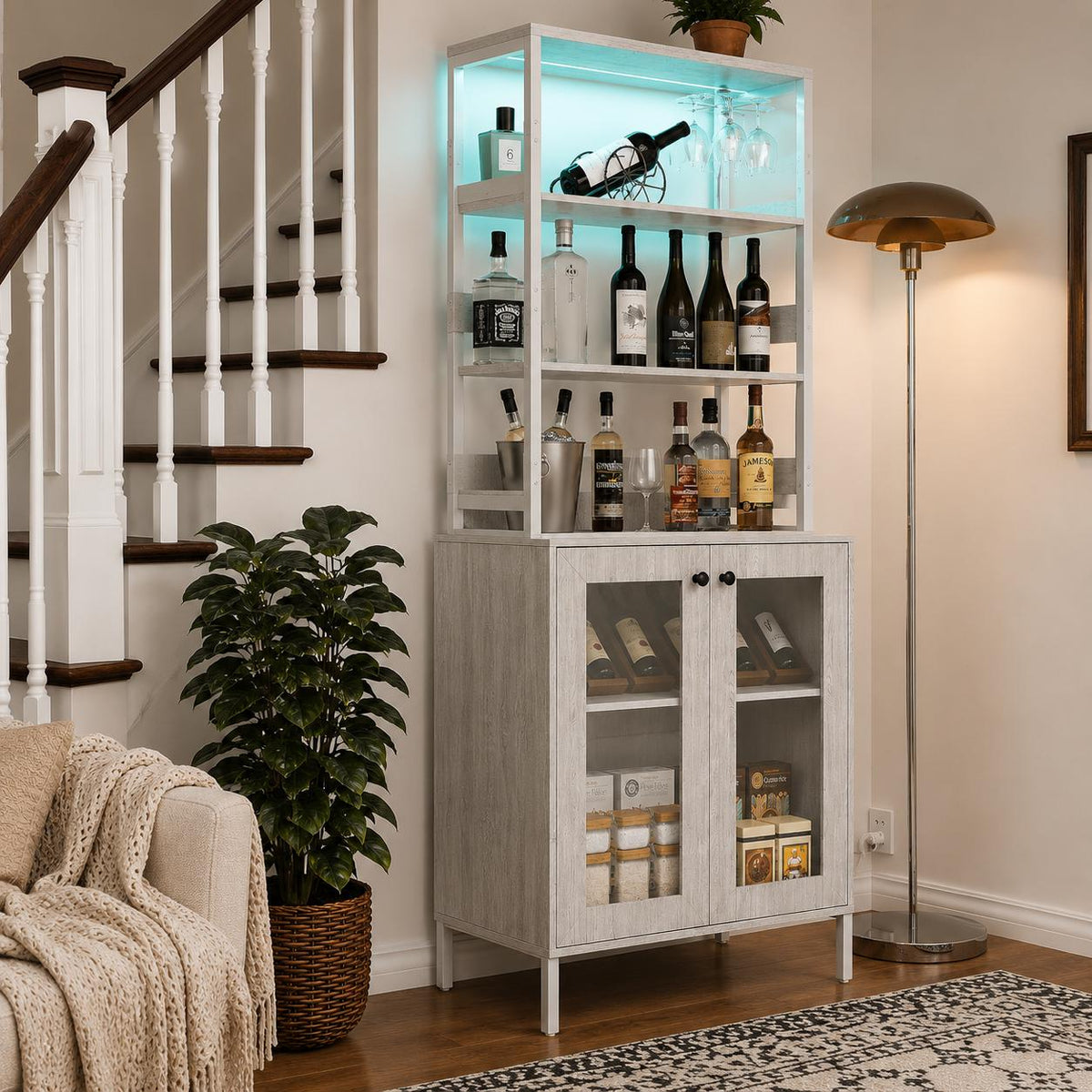 Farmhouse Coffee Bar Cabinet, RGB LED Lights, Built-In Charging Station, Glass Doors