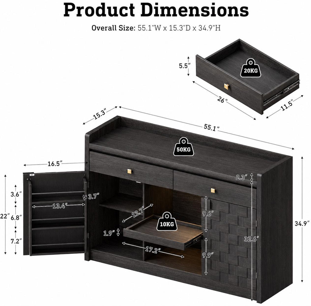Modern Buffet Cabinet with Charging Station, LED Lights & Pull-Out Storage Shelf