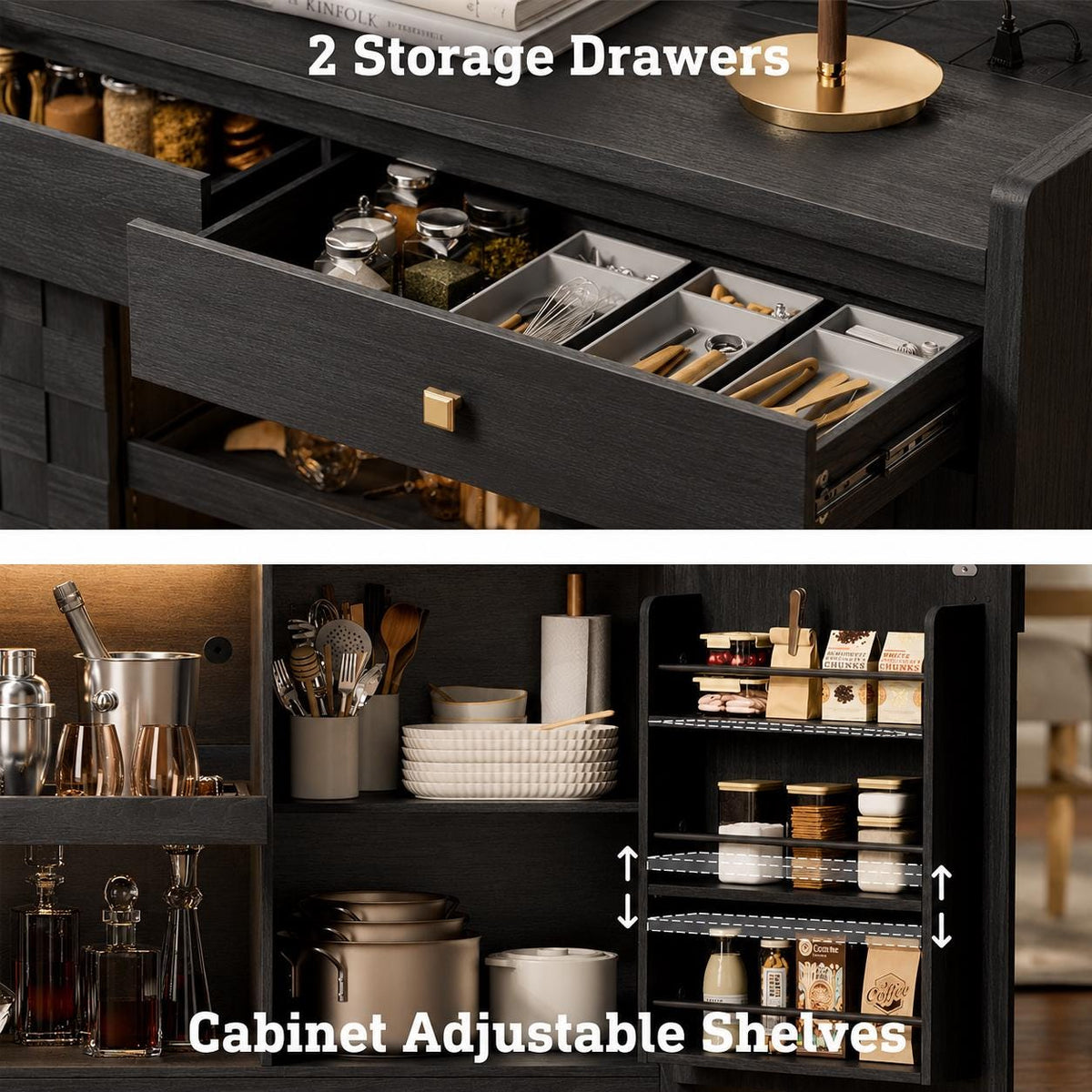 Modern Buffet Cabinet with Charging Station, LED Lights & Pull-Out Storage Shelf