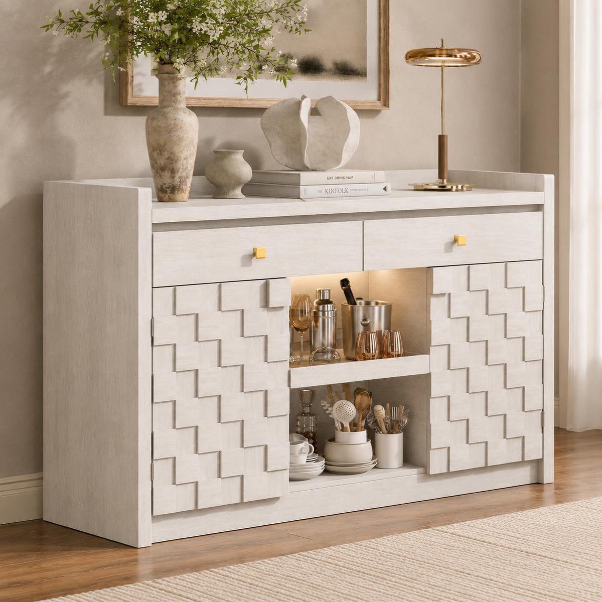 Modern Buffet Cabinet with Charging Station, LED Lights & Pull-Out Storage Shelf