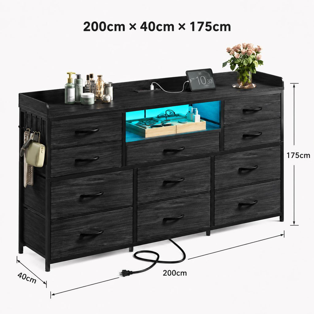 11-Drawer Dresser TV Stand, LED Lights, Charging Station, Rustic Style Storage Chest