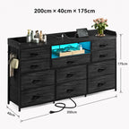 11-Drawer Dresser TV Stand, LED Lights, Charging Station, Rustic Style Storage Chest