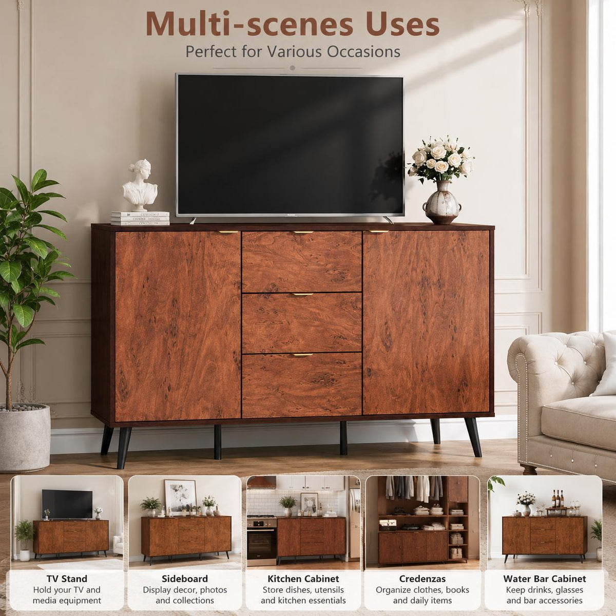 Mid Century Walnut Sideboard Buffet Cabinet, 3 Drawers, 2 Doors, Storage Credenza TV Stand